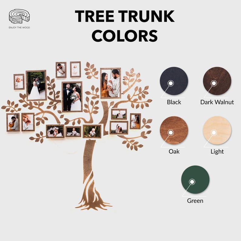 May include: A wooden tree trunk cutout with a decorative design, featuring a family photo collage. The tree trunk is available in various colors, including black, dark walnut, oak, light, and green.