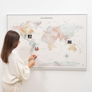 Places You've Been World Map, Detailed Push Pin Travel Map Visited Countries Pin Board Canvas, Personalized Travel Tracker, Pastel Wall Map