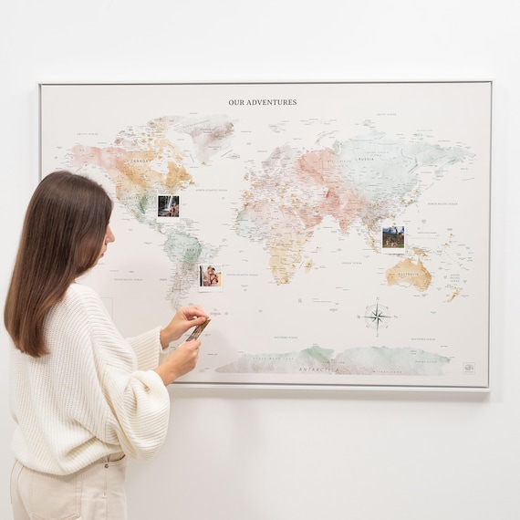Places You've Been World Map, Detailed Push Pin Travel Map Visited Countries Pin Board Canvas, Personalized Travel Tracker, Pastel Wall Map