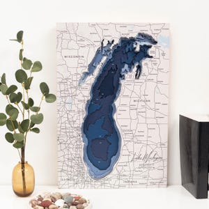 Lake Michigan Depth Map, Wall Art, Home Office Decor, Wooden Lake Plan, Travel Lover Gift, Housewarming Gift, Unique Birthday Gift for Him
