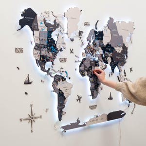 3D-wereldkaart, woondecoratie met led-achtergrondverlichting, kunst aan de grote muur - led-muurdecor, pushpin reiskaart, housewarmingcadeau, EnjoyTheWood
