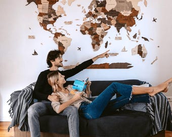 Wooden World Map Home Decor, Travel Map Wall Art, 5th Anniversary Gift