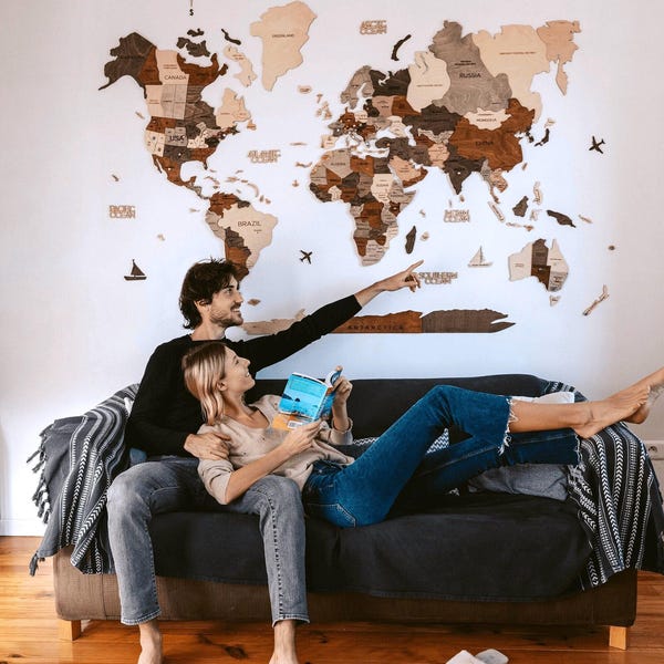 Wooden World Map Home Decor Travel Map Wall Art, 5th Anniversary Couple Gift, Housewarming Gift, Living Room Decor, Enjoy The Wood