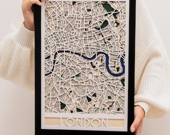 Mapa de la ciudad de Londres en madera 3D, decoración del hogar, arte de pared, imagen enmarcada, mapa de ubicación, mapa de calles de la ciudad personalizado, regalo de cumpleaños, idea de regalo