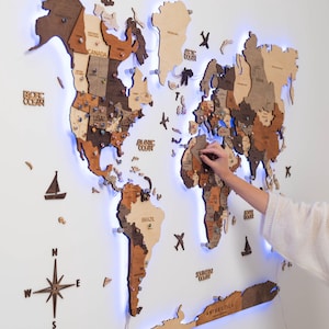 Drukspelden reiskaart, modern interieur, led-wereldkaart van Enjoy The Wood, jubileumcadeau voor stel, prikbord wereldkaarten met achtergrondverlichting
