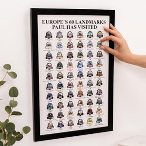 May include: A framed scratch-off poster titled EUROPE'S 60 LANDMARKS PAUL HAS VISITED, featuring a grid of sixty circular icons representing various European locations, each with a small label underneath, displayed in a black rectangular frame.