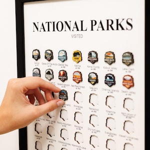 Könnte beinhalten: Gerahmter Druck mit dem Titel "NATIONAL PARKS VISITED" und einem schwarzen Rahmen. Der Druck zeigt ein Raster aus ausgeschnittenen Formen und farbenfrohen Parkabzeichen. Eine Hand platziert ein Abzeichen für den Lassen Volcanic National Park.