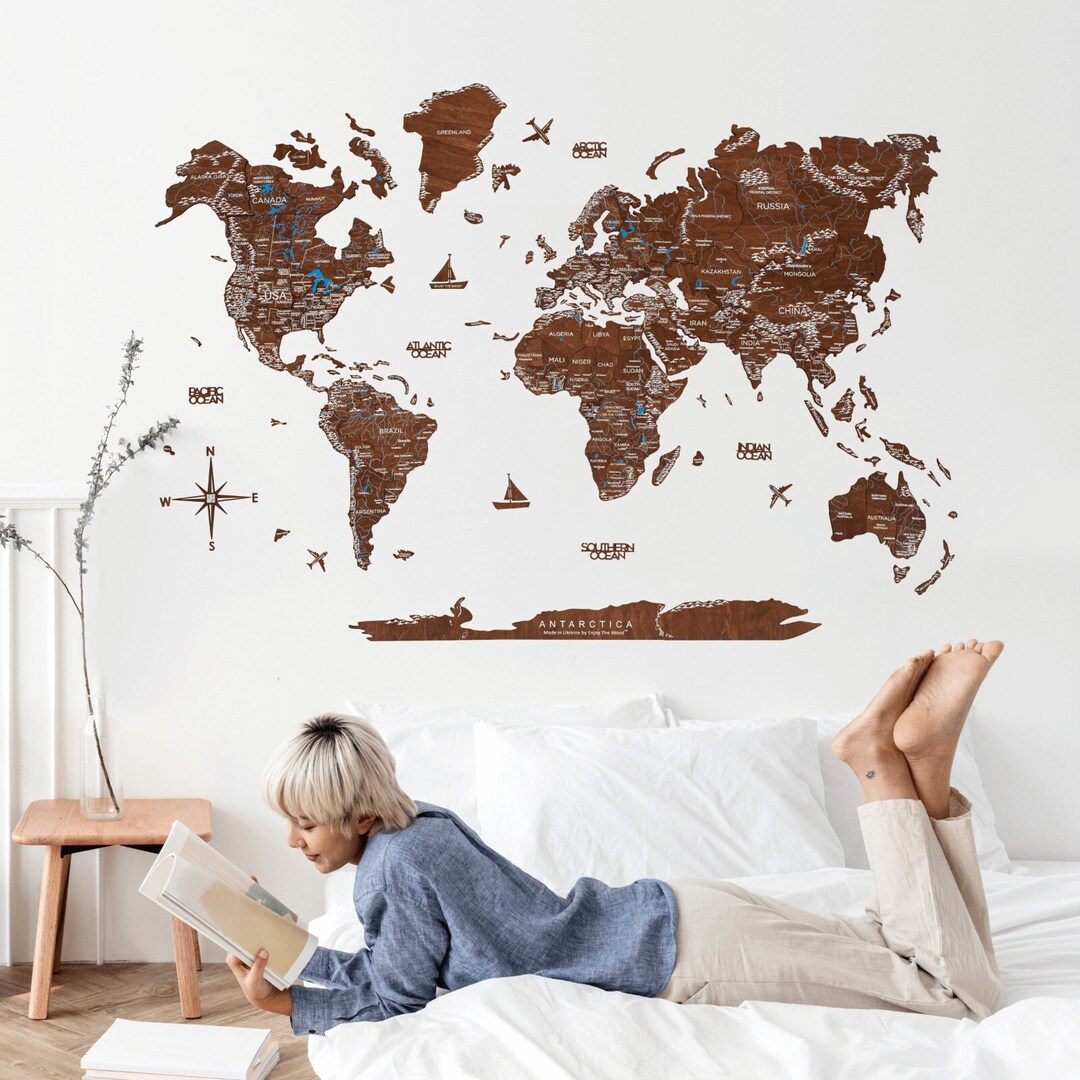 Walnut World Map, Living Room Wall Decor, Gift for Homeowner