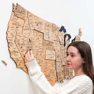 Home Decor For Living Room, Rustic Wall Decor Accent, Wall Hanging Push Pin United States Map, Country Location USA Map, Handmade Wooden Map