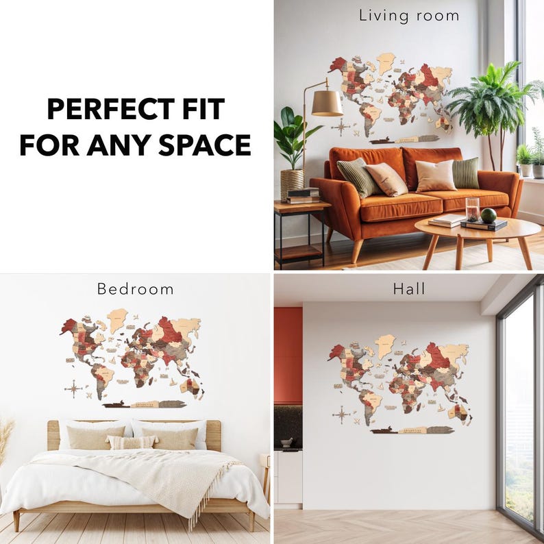 Pu&ograve; includere: Una mappa del mondo in legno da parete in varie tonalit&agrave; di marrone, rosso e beige. La mappa &egrave; esposta in un soggiorno, una camera da letto e un corridoio. Il testo "PERFECT FIT FOR ANY SPACE" &egrave; visualizzato nell'immagine.