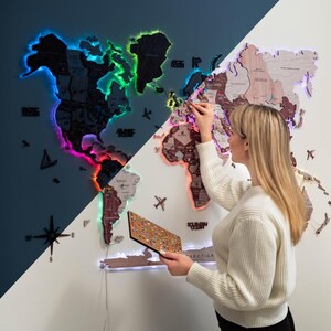 Mapa-múndi 3D com luz de fundo LED, decoração de parede moderna, arte de parede 3D, mapa de viagem de madeira, alfinete de pressão, presente de inauguração, primeiro aniversário em casa