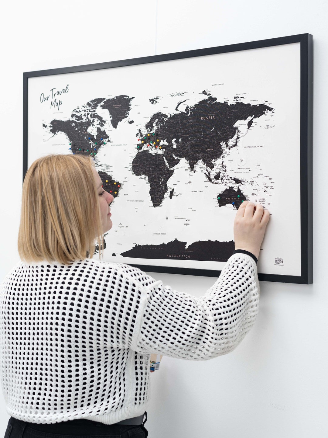 Push Pin World Map Canvas, Framed Map Wall Art, Gift for Home, Birthday ...