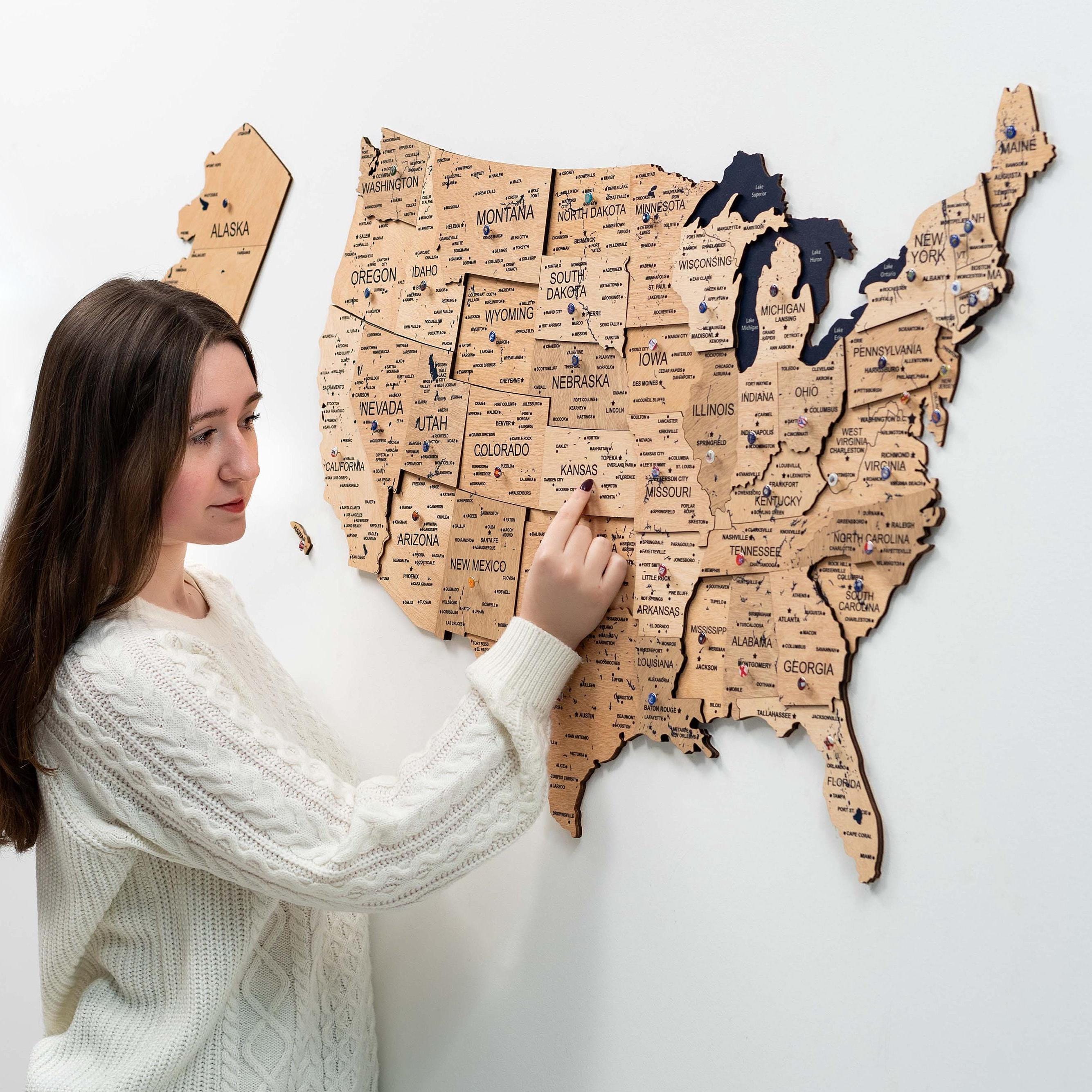 Wooden USA Wall Map, Push Pin Travel Map Wall Art, 5th Anniversary Gift ...