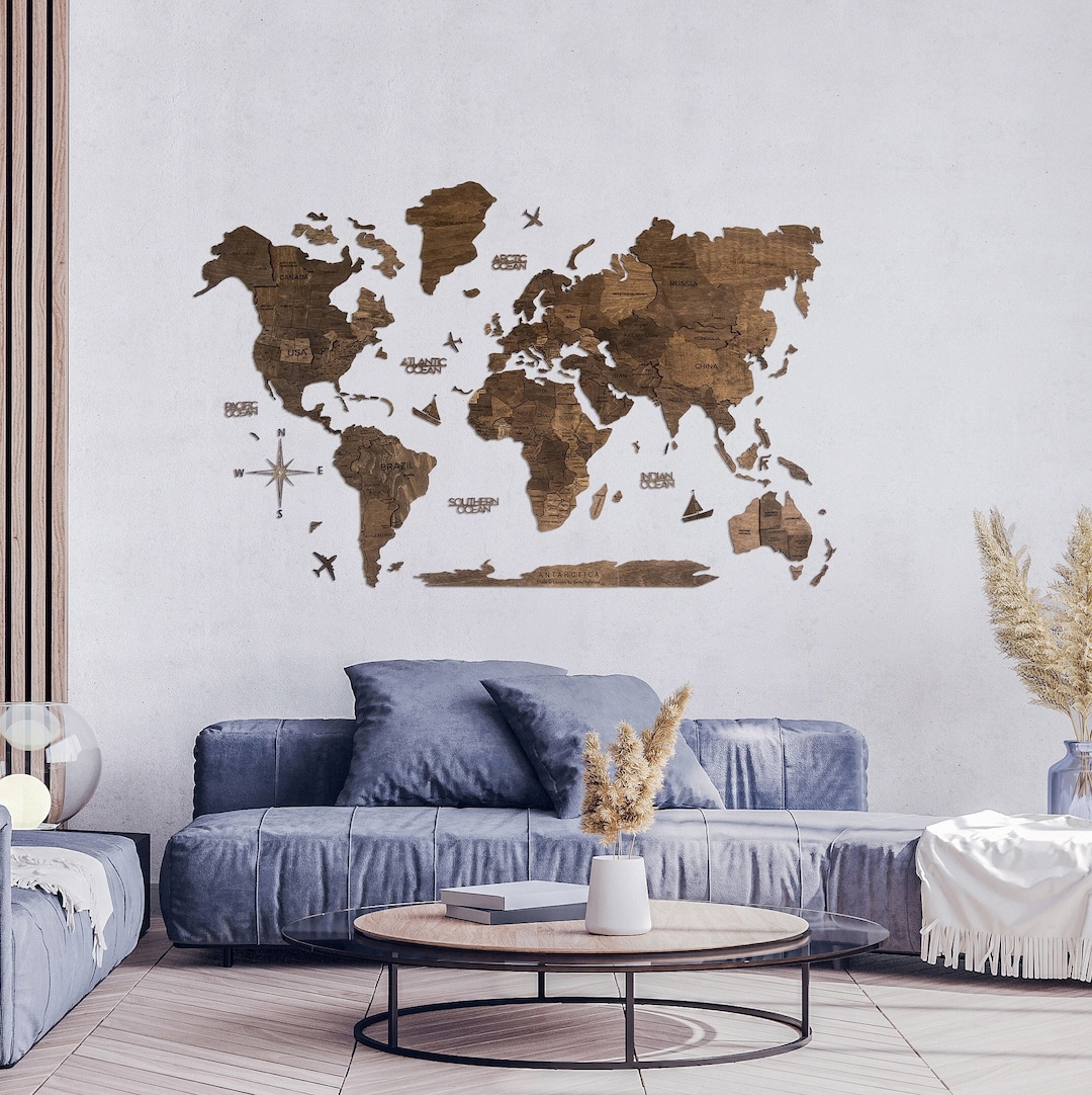 Walnut World Map, Living Room Wall Decor, Housewarming Gift for the