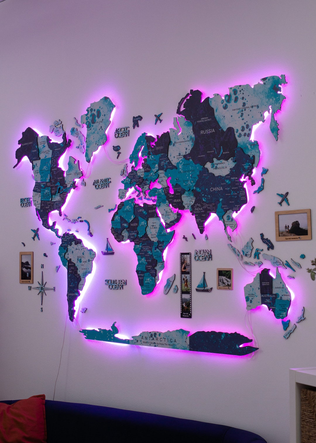 Home Decor, LED World Map, Home Gift, Enjoy the Wood, Travel Map, Wood
