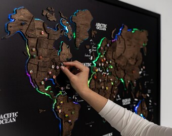Illuminated Wood World Map 3D LED Art Wall Decor Travel Tracker Push Pin Adventure Wall Art Home Living Room Decor Anniversary Gift