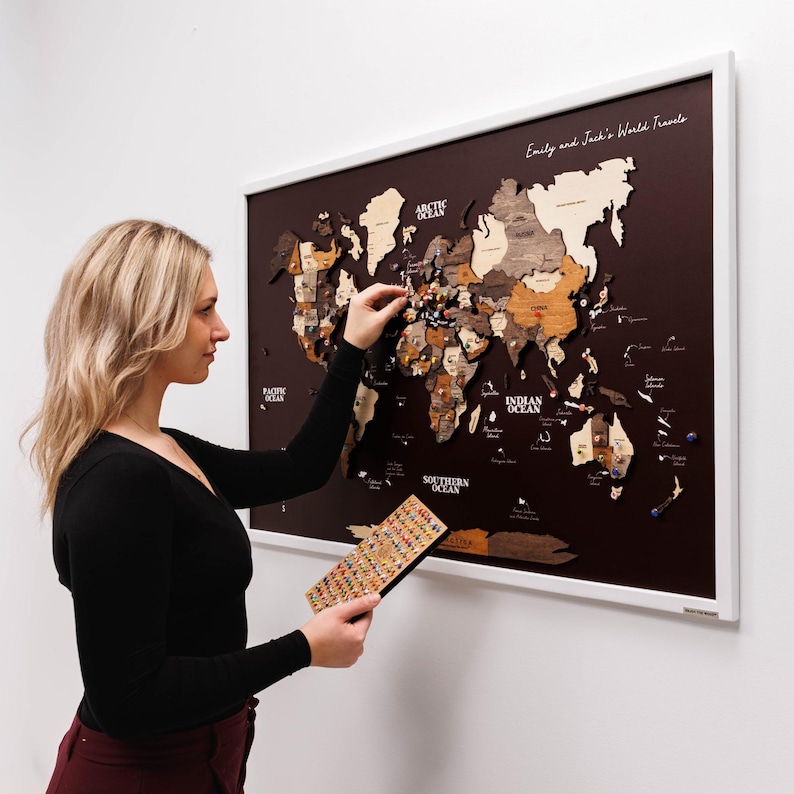 3D Wooden World Map, Framed Travel Push Pin Board, Wall Art Living Room image 12