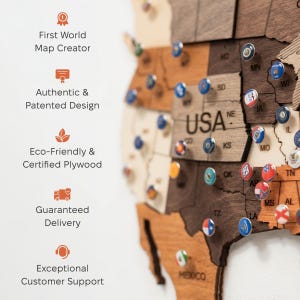May include: A wooden wall map of the USA featuring various shades of brown plywood, marked with state abbreviations and colorful circular pins. Text on the left lists First World Map Creator, Authentic & Patented Design, Eco-Friendly & Certified Plywood, Guaranteed Delivery, and Exceptional Customer Support.