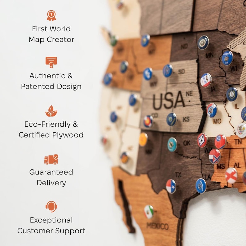 May include: A wooden wall map of the USA featuring various shades of brown plywood, marked with state abbreviations and colorful circular pins. Text on the left lists First World Map Creator, Authentic & Patented Design, Eco-Friendly & Certified Plywood, Guaranteed Delivery, and Exceptional Customer Support.