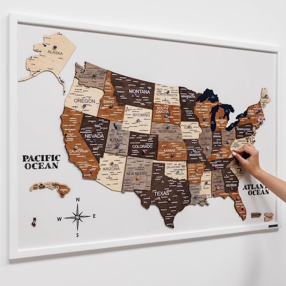 3D Wooden US American Map, Framed United States Push Pin Map