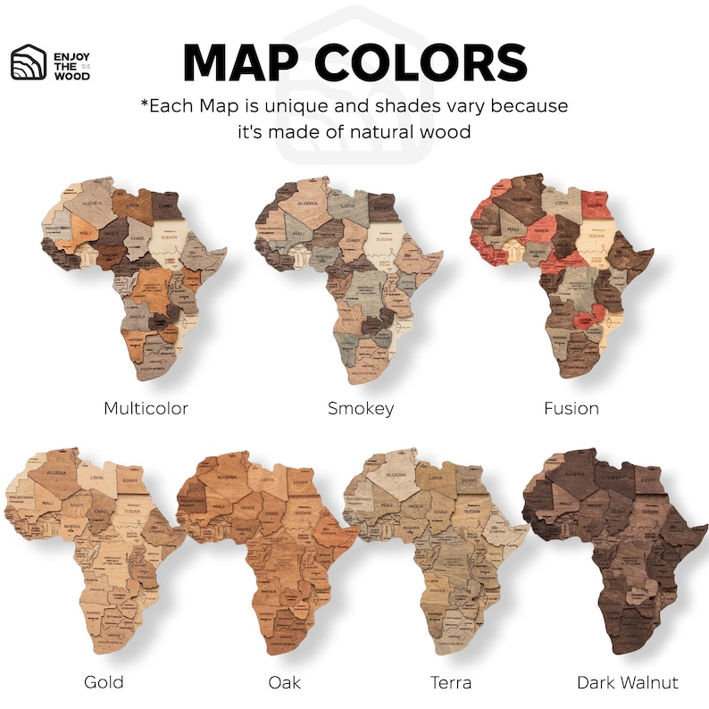 Pu&ograve; includere: Mappe in legno dell'Africa in vari schemi di colori: Multicolor, Smokey, Fusion, Gold, Oak, Terra e Dark Walnut. Ogni mappa &egrave; unica ed &egrave; realizzata in legno naturale. Il testo sull'immagine recita "MAP COLORS".