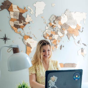 3D World Map Wall Art Home Office Decor Wooden Anniversary Gift Travel Map Push Pin Birthday Gift for Wife, Girlfriend, 5th Anniversary Gift