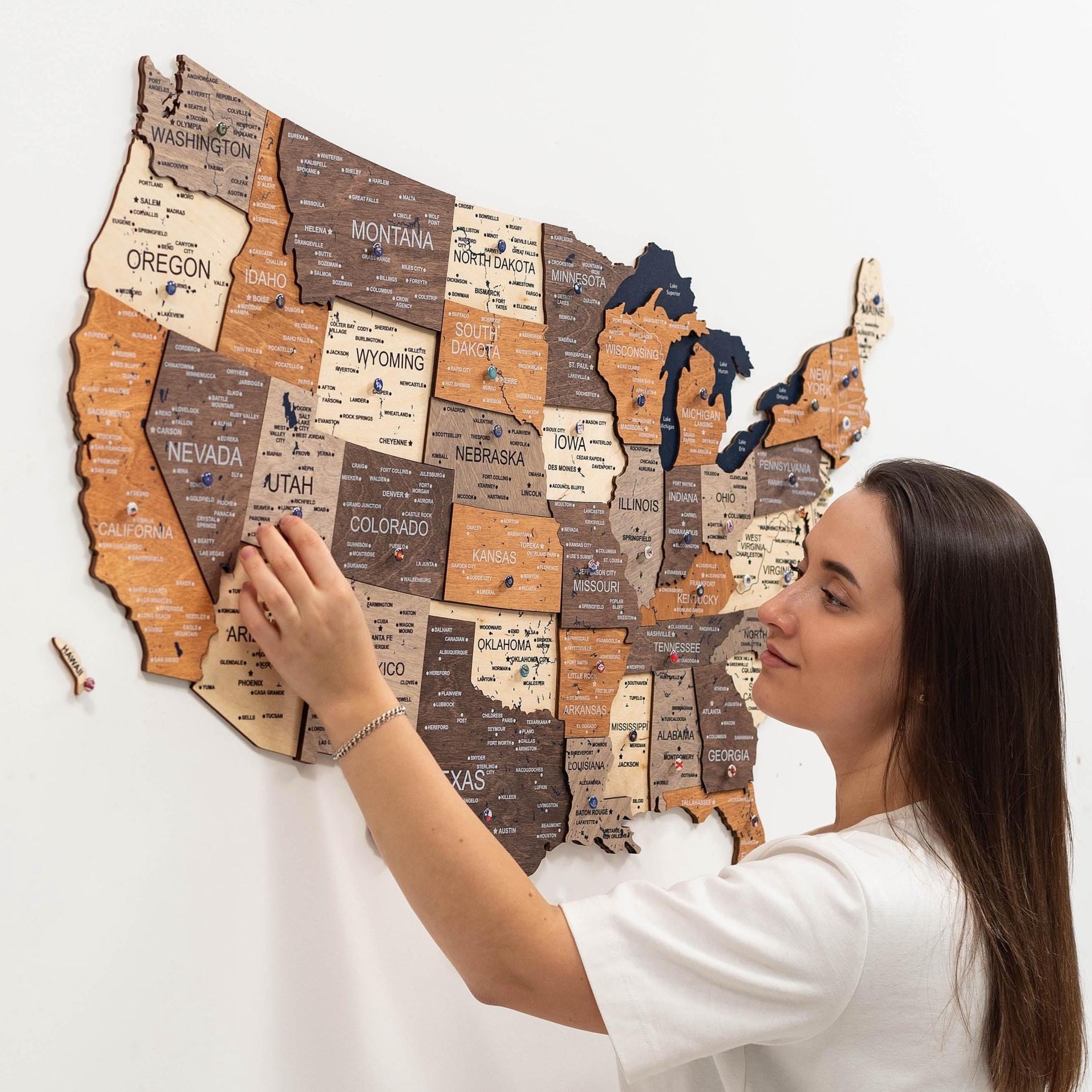 US Travel Map, Wood Map Push Pin, Apartment Decor Wall Art, Above Bed Decor, New Home Gift for American, Gift for Boyfriend, Map for Couples