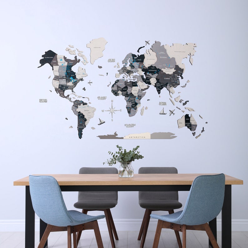 3D World Map Wall Art Living Room Wall Decor Home Decor Black Etsy UK