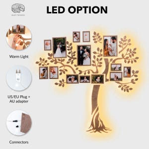 May include: A wooden family tree wall decor with LED lights. The tree has multiple branches and leaves, with spaces for photos. The lights are warm white and come with a US/EU plug and an AU adapter. The image shows the tree with photos in place, and the text "LED OPTION" is at the top.
