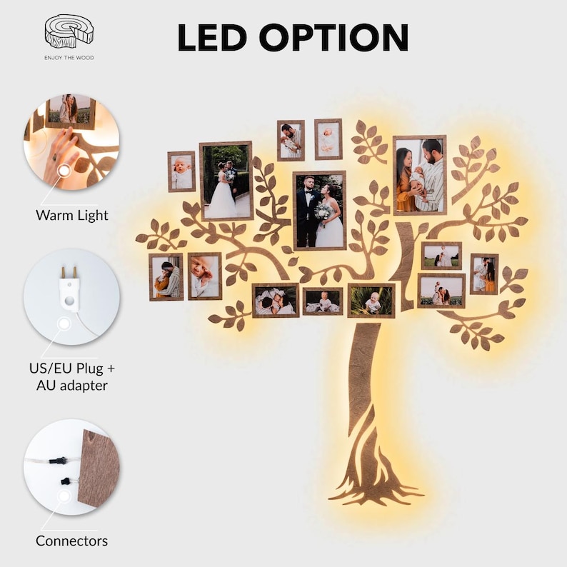 May include: A wooden family tree wall decor with LED lights. The tree has multiple branches and leaves, with spaces for photos. The lights are warm white and come with a US/EU plug and an AU adapter. The image shows the tree with photos in place, and the text "LED OPTION" is at the top.