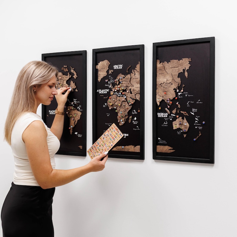 3D Wooden World Map, Framed Travel Push Pin Board, Wall Art Living Room image 16