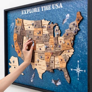 3D United States map on board, US travel map push pins, Framed wall art, Home decor, Apartment decor, Anniversary gift, by Enjoy The Wood
