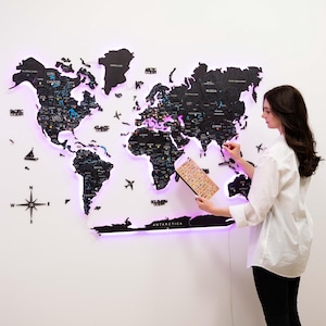 Travel Map with LED Lighting, Illuminated World Map Push Pins, Home Decor Wall Art, Minimalist Black Wall Decor, Housewarming Gift