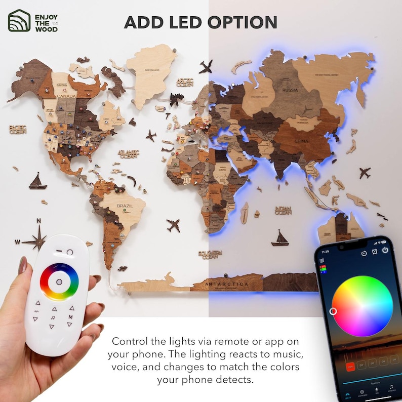 Led Pin Map 3D Wooden World Map With LED Backlighting Our Travels Map Home Decor ...