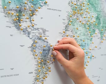 Push Pin World Map to Mark Places Visited Countries Pinnable Traveller Map Travel Tracker Canvas Wall Art, | Personalized Birthday Gift