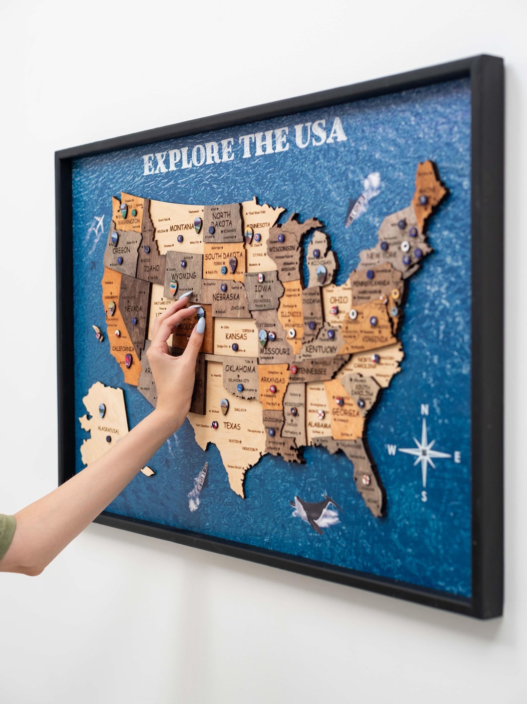 3D United States Map on Board, US Travel Map Push Pins, Framed Wall Art ...
