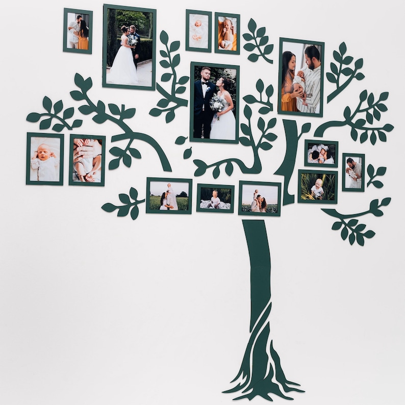May include: A green tree-shaped photo frame with multiple black and white photos of people and families. The frame is mounted on a white wall.