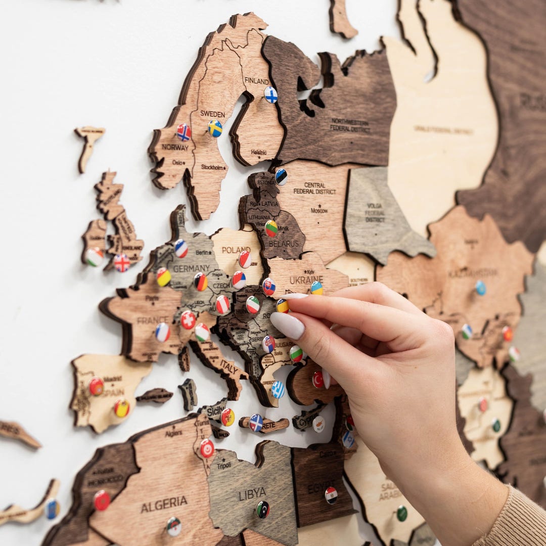 Mapa del mundo 3D con chinchetas, arte de pared, regalo para