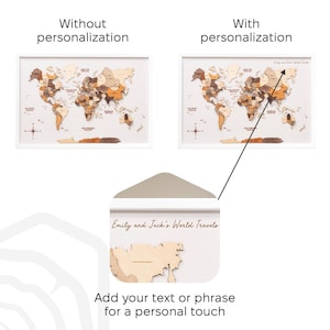 May include: Wooden world map art in a white frame, showcasing continents in various wood tones. The image includes a close-up with the text "Emily and Jack's World Travels" and the phrase "Add your text or phrase for a personal touch."