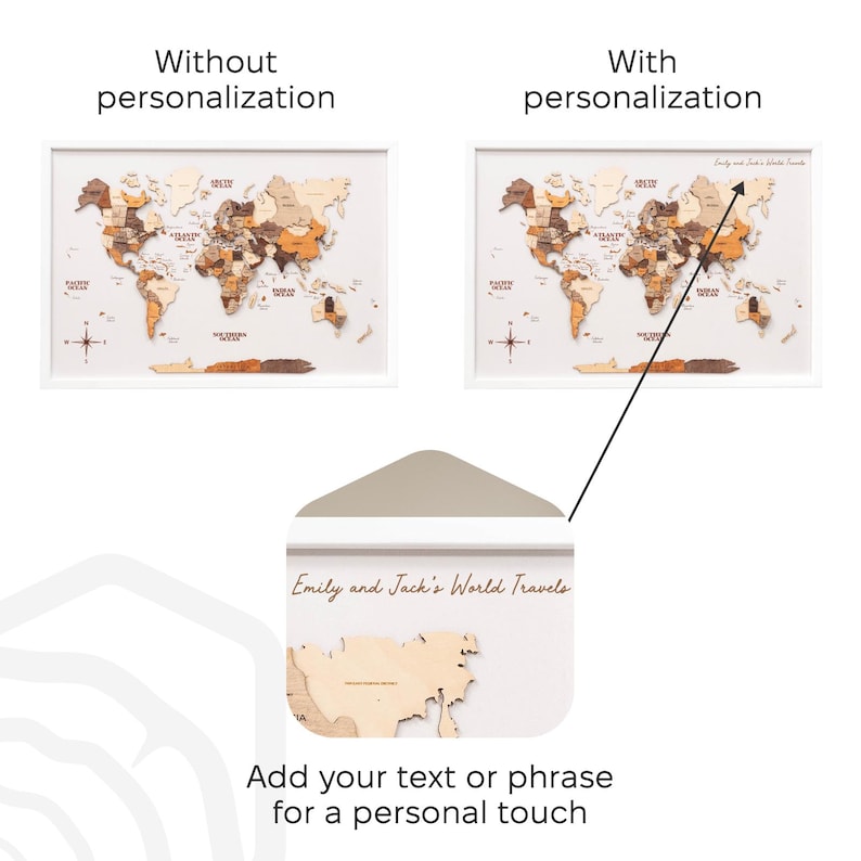 May include: Wooden world map art in a white frame, showcasing continents in various wood tones. The image includes a close-up with the text "Emily and Jack's World Travels" and the phrase "Add your text or phrase for a personal touch."
