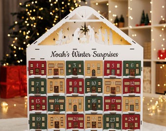 Personalized Advent Calendar Light Up Reusable Christmas Countdown | Wooden Advent Calendar for Adult, Kids, Children | Holiday Home Decor