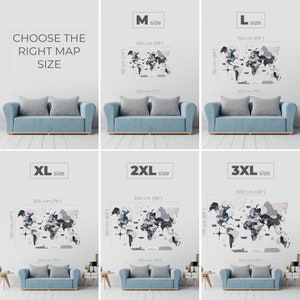 May include: A multi-panel infographic displaying six sizes of a wooden world map wall art, labeled M, L, XL, 2XL, and 3XL. Each section shows the map above a sofa with dimensions in cm and inches, ranging from 100 cm by 60 cm to 300 cm by 175 cm.