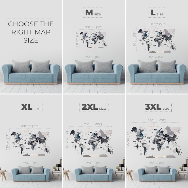 May include: A multi-panel infographic displaying six sizes of a wooden world map wall art, labeled M, L, XL, 2XL, and 3XL. Each section shows the map above a sofa with dimensions in cm and inches, ranging from 100 cm by 60 cm to 300 cm by 175 cm.