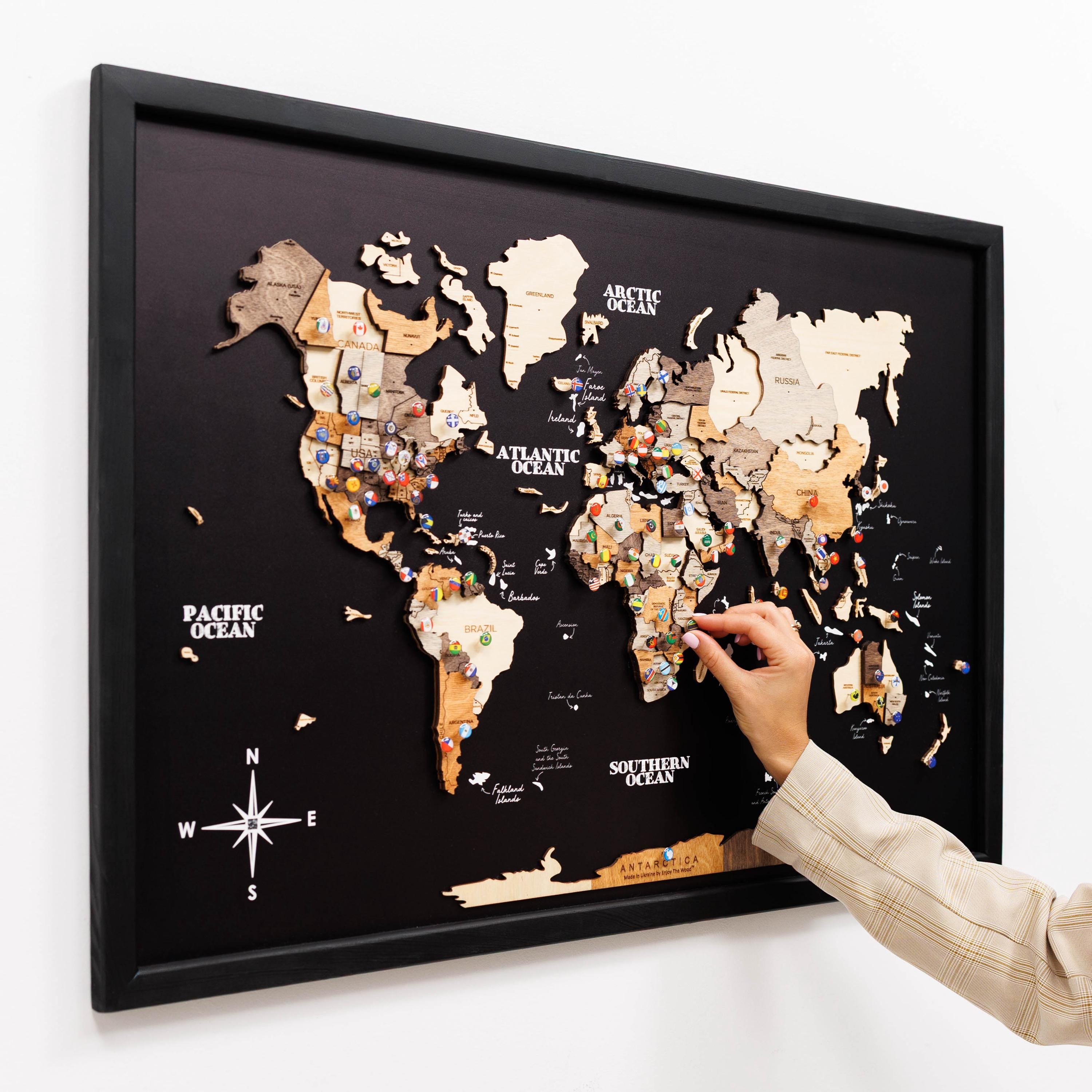 ミッドセンチュリー　ウォールプレート World Map Display Wall Art Wooden Design Travel Piece Country Map