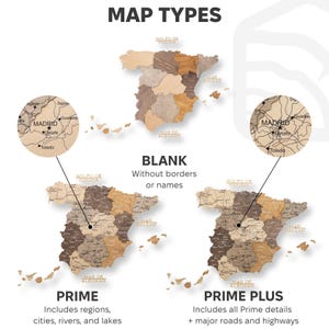 Peut inclure: Carte en bois de l'Espagne avec diff&eacute;rents types de cartes : vierge, Prime et Prime Plus. Les cartes sont faites de diff&eacute;rentes teintes de bois et comprennent des &eacute;tiquettes de texte pour les villes et les r&eacute;gions. Le texte "MAP TYPES" est en haut.