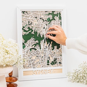 Wooden Map of Any City, Custom Town Street Map, Home Dorm Wall Decor, Unique Sydney Gift, Modern Apartment Art, Travel Memory Gift for Him