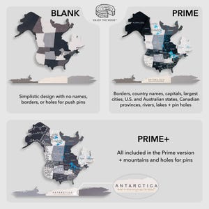 May include: A comparison chart showing three wooden world map versions: Blank, Prime, and Prime+. The Blank map features solid grey and black shapes. The Prime and Prime+ maps include detailed country names, borders, cities, and geographical features.