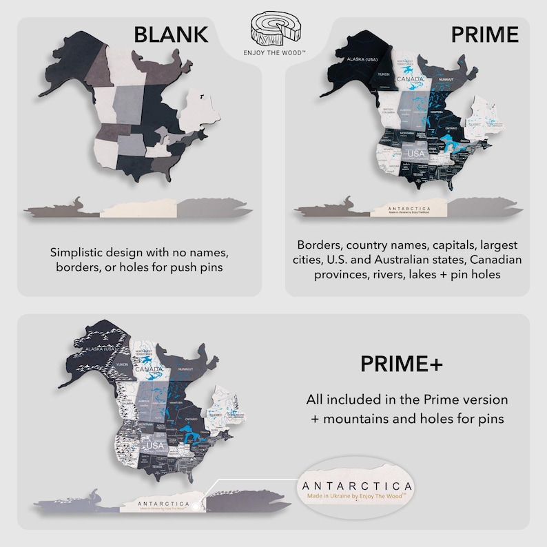 May include: A comparison chart showing three wooden world map versions: Blank, Prime, and Prime+. The Blank map features solid grey and black shapes. The Prime and Prime+ maps include detailed country names, borders, cities, and geographical features.