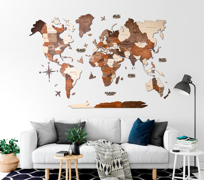 Wooden World Map Flags Pins Rustic Wall Decor House Decor Etsy