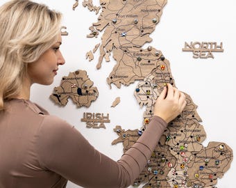 Rustic Wooden UK Map, British Islands Map with Pins, Unique Gift for Any Occasion, Personalized Home Decor Gift, Places I've Been Wall Art